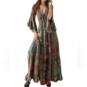 Noracora Women's Casual Long Sleeve Floral Print V Neck Maxi Dress‎ Size L NWT
